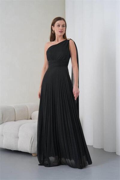 Neşeli Butik γυναικείο μαύρο βραδινό φόρεμα με έναν ώμο, αγκράφα, λεπτομέρειε...