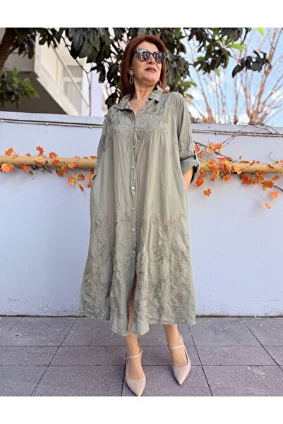 DenizEge Ιταλικό Φόρεμα-Πουκάμισο με Κέντημα από Ασημένια Κλωστή Χακί