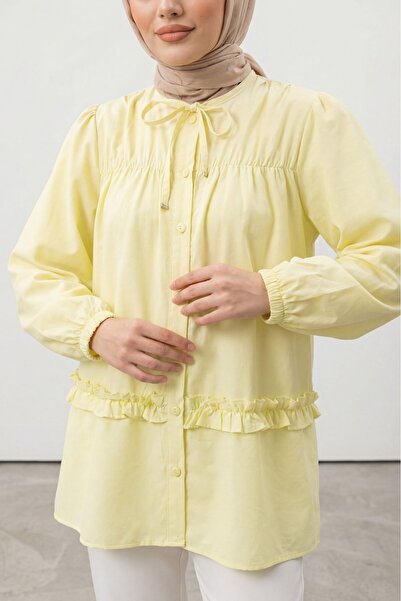 Lunfia Roba Lastikli Fırfırlı Düğmeli Poplin Tunik - Sarı