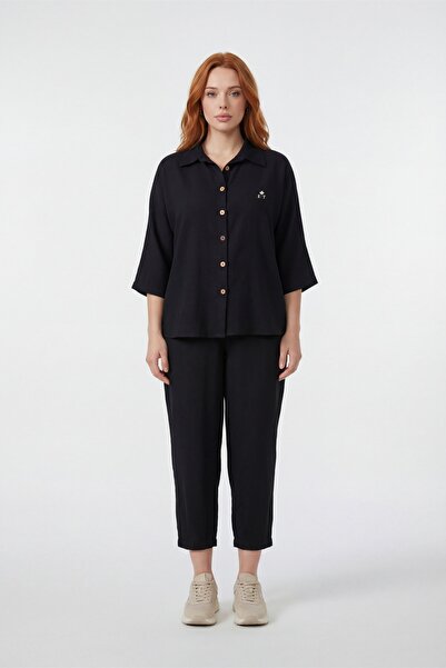 EXİTLİNE Women's Black Summer Buttoned Top and Bottom Set