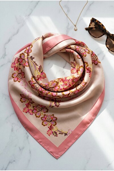 Mimelif Twill Fular Çiçek Desenli Pudra Pembe 50x50 cm Kadın Fular