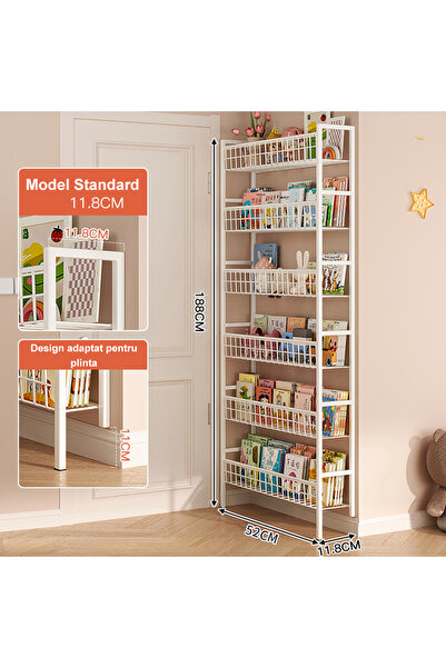 Destello ®   Organizator de perete îngust cu rafturi, multifuncțional, metalic, alb 52 x 11.8 x 188 cm