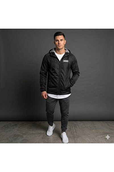 NOFLEN Ανδρικό μπουφάν με στάμπα λογότυπου, σε γκρι χρώμα και μαύρο, με φερμουάρ