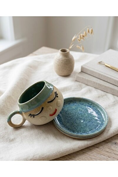 Agartceramic Emoji figür el yapımı stoneware seramik fincan mint yeşili