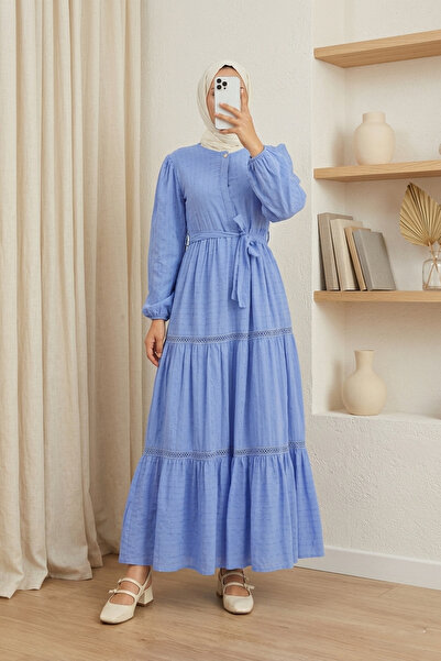 MODAQU Blue Dress with Ruffled Skirt and Ribbon Lace Detail