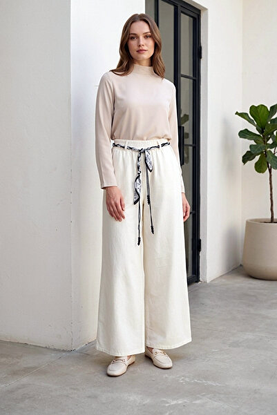 MODAQU Λινό παντελόνι με φαρδιά μπατζάκια και ελαστική μέση - Λευκό