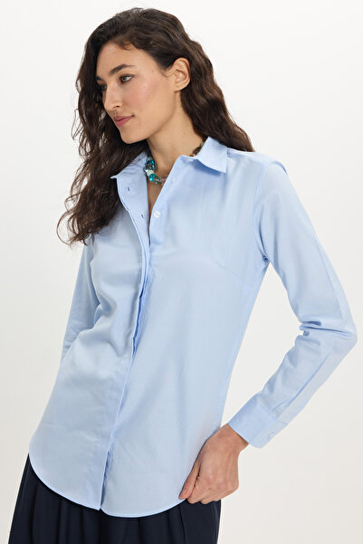 Tudors Kadın Slim Fit Dar Kesim %100 Pamuk Spor Yaka Gizli Pat Uzun Kollu Düz...