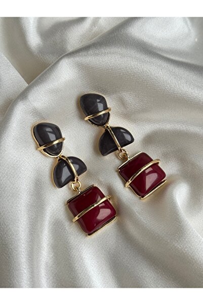 lotusbybuket Bordo-Füme doğal taşlı sallantılı bohem küpe