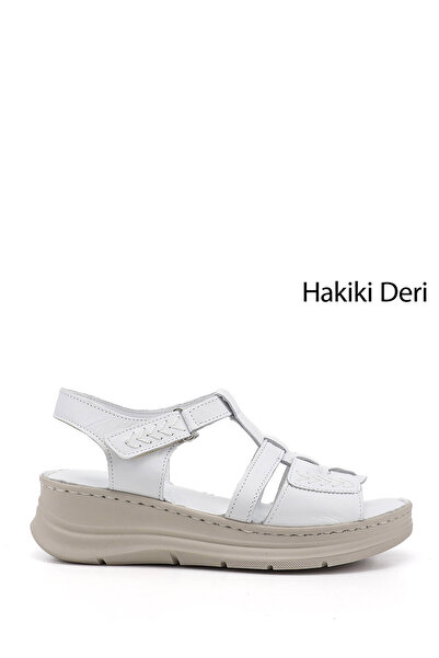 GÖNDERİ(R) Γυναικεία πέδιλα από γνήσιο δέρμα με λευκό Velcro και σφήνα τακούνια