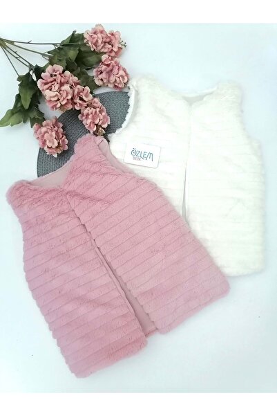 DİĞER1111 Fiber Filled Striped Texture Plush Vest White