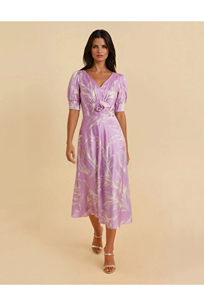 Vessmary Φόρεμα κοκτέιλ VSM1018C από λιλά σατέν με κρεμ φλοράλ σχέδιο