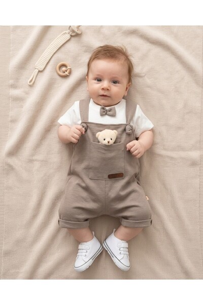 Egelite Erkek Bebek Yazlık Keten Salopet ve Papyonlu Badili 2'li Şık Takım, 3...