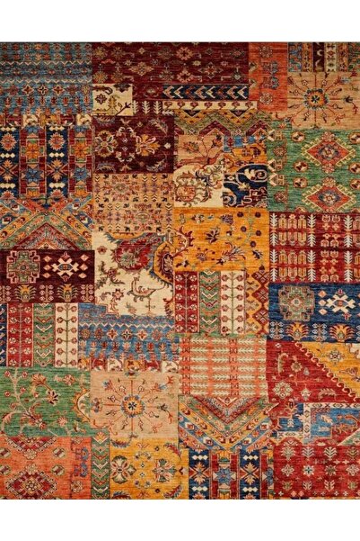 Gergef House Patchwork Görünümlü Çok Renkli Dokuma Taban Modern Dekoratif Halı
