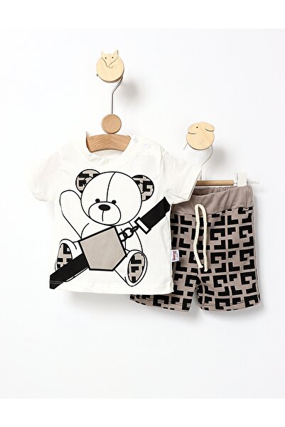 MiniKids Τυχερή Αρκούδα λευκό-μπεζ καλοκαιρινό κοστούμι