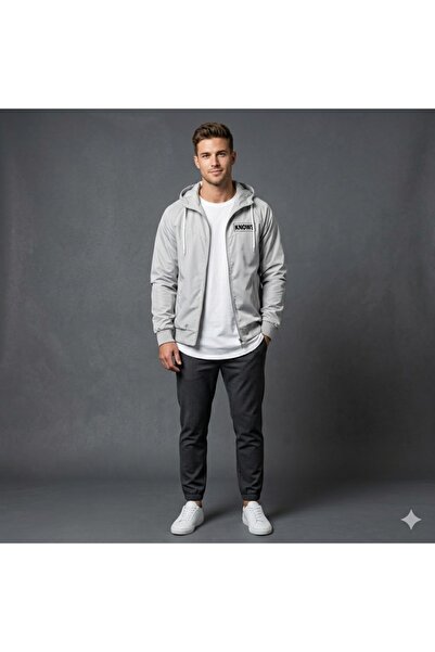 NOFLEN Ανδρικό μπουφάν με στάμπα λογότυπου, σε γκρι χρώμα και μαύρο, με φερμουάρ