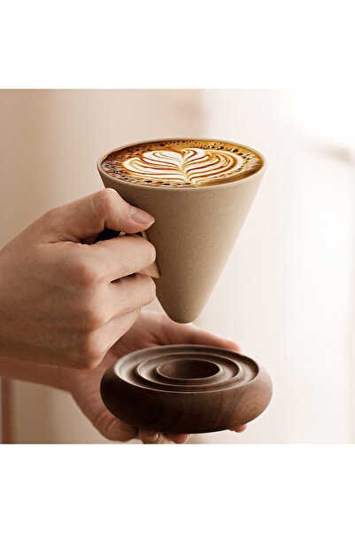 Destello ® Medieval Style Coffee Cup, Ceramic and Wood, Beige and Brown, 250 ML