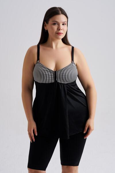 AQUAVİVA Γυναικείο Μαύρο Ριγέ Τανκίνι Olivia με διπλό στήθος σε μεγάλο μέγεθος