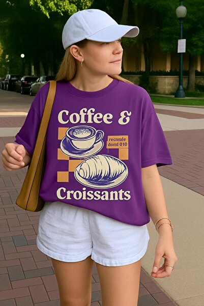 BENROMA Μπλουζάκι με στάμπα κρουασάν καφέ, oversized unisex μπλουζάκι 1PV6