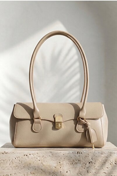InStyle Χρυσή λεπτομέρεια κλειδαριάς, Μεγάλη γυναικεία τσάντα ώμου, Μπεζ