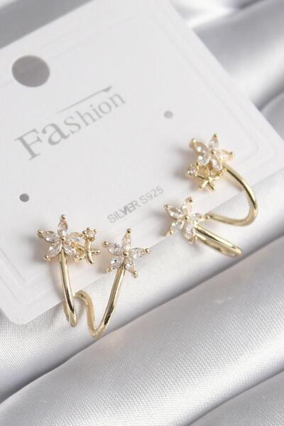 Butik Brass Gold Color Zircon Stone Flower Model Women's Earrings
