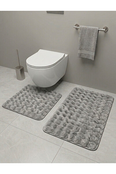 Geus Halı Bubble 2li Banyo Paspas Takımı Gri Yumuşak Makinada Yıkanabilir 60x...