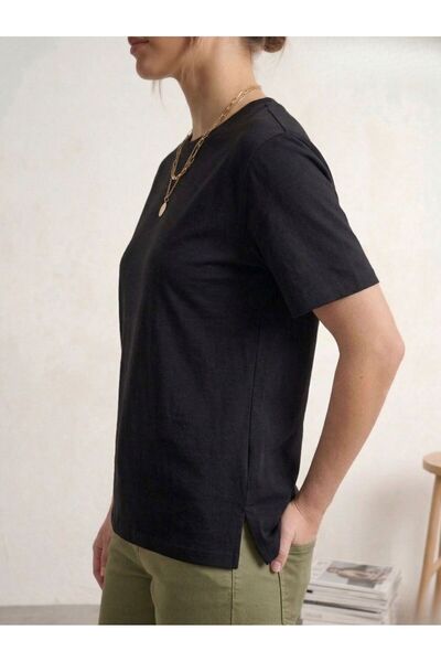 LEY COLLECTİON Women's T-Shirt 100% Cotton Basic T-Shirt with Slit Detail