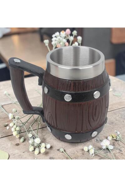 ELSELİFE Viking Beer Mug with Stainless Steel Inner Chamber, Wooden Look Hand...