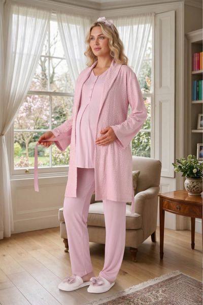 Lohusa Homewear Νέα σεζόν Πουδρένιο σετ πιτζάμες εγκυμοσύνης με γιακά, καλοκα...