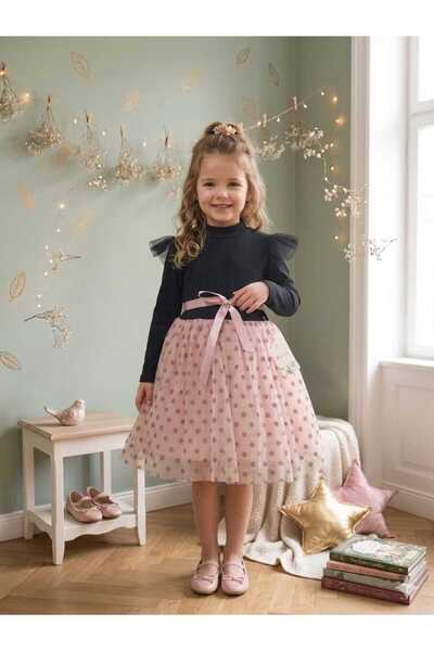 Lina Baby Bloom Uzun Kollu Kız Bebek Elbise Tül Etekli Fiyonklu Şık Model