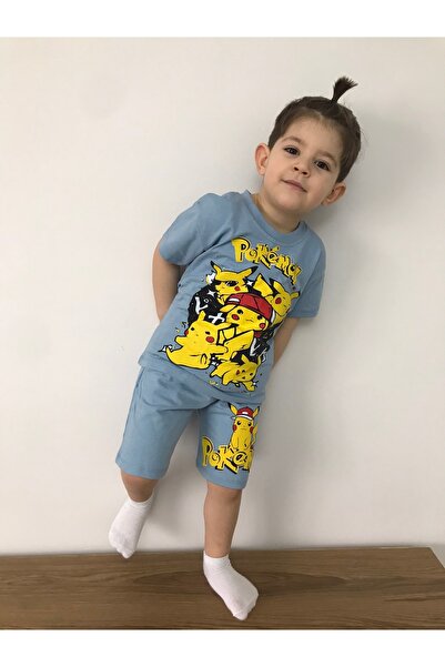 Erkek Çocuk Dinozor Desenli Şortlu Takım Pokemon Desenli Tişört Şort Yazlık Takım
