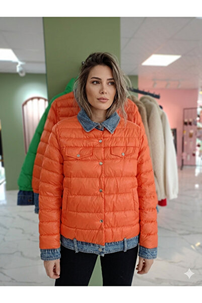 diğer588 Kadın Turuncu Jean Detaylı Şişme Ceket - Denim Yakalı ve Manşetli Kı...