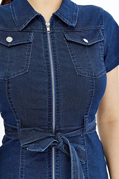 Select Moda Γυναικείο τζιν μίνι φόρεμα με φερμουάρ μπροστά και λεπτομέρεια ζώνης