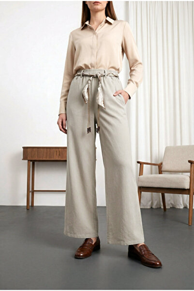 MODAQU Λινό παντελόνι με φαρδιά μπατζάκια και ελαστική μέση - Κρεμ