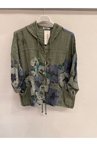 della moor Γυναικεία μπλούζα χακί ιταλική με φλοράλ σχέδιο, με φερμουάρ μπροσ...