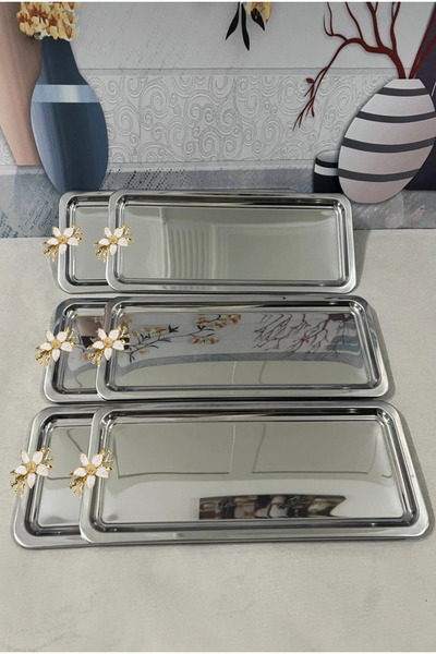 AHİR TİCARET Paslanmaz 6'lı Papatya Aksesuarlı Lüx Baton Sunum Tepsi 33x13 cm