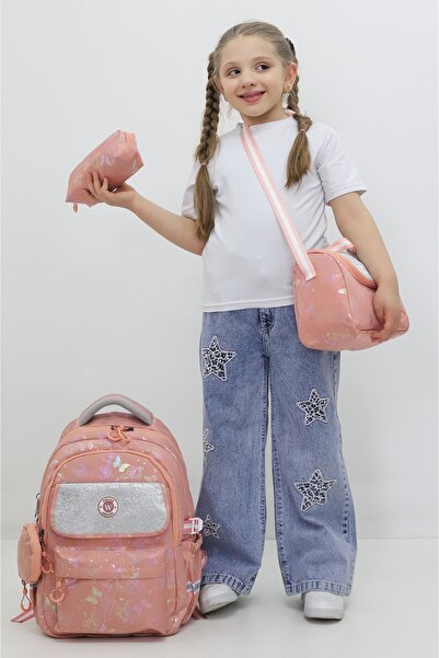 Probag Σετ σχολικών τσαντών για κορίτσια 3 τεμαχίων, ανοιχτό ροζ γυαλιστερό σ...