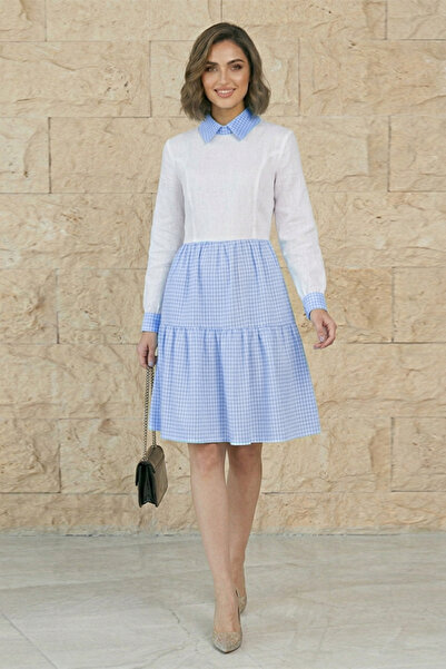 dorbe women’s light blue gingham contrast long sleeve white bodice a-line cas...
