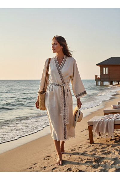 DNRYSL Handmade Süzene Embroidered Beach Kaftan, 60% Linen 40% Cotton , Breathable and Quick-Drying Fabrics