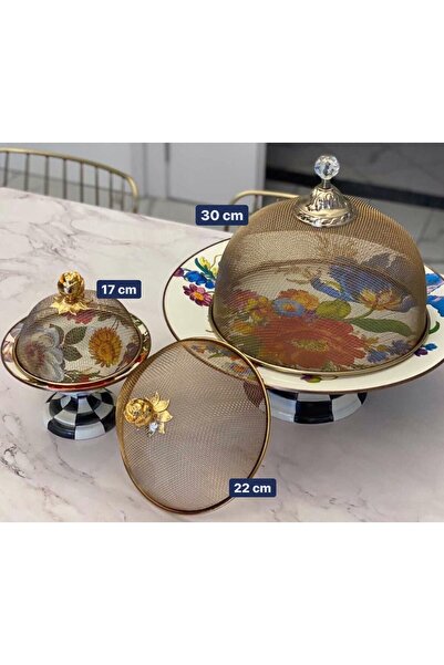 Saule Gül Detaylı 17 Cm Servis Koruyucu Kapak / Sunumluk / Tel Fanus Kapak