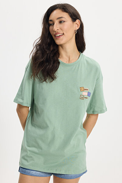 Tudors Γυναικεία μπλούζα με φαρδιά γραμμή, 100% βαμβακερή, με στάμπα, πράσινη