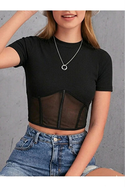 BİGÜMEX Μαύρο γυναικείο βαμβακερό μπλουζάκι με ψηλό γιακά και λεπτομέρεια από...