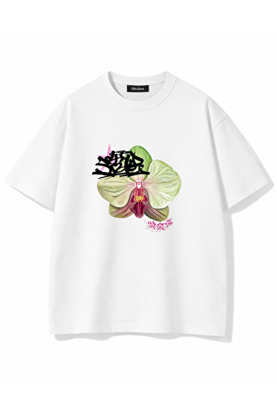 libukes Unisex White Oversize Orchid Patterned Graffiti Printed T-Shirt