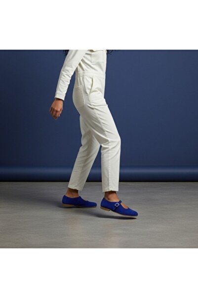 NE&VE SHOES Μπαλαρίνες μπλε σουέντ από γνήσιο δέρμα με αγκράφα