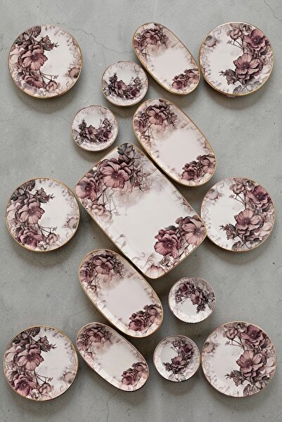 Pinkev Purple 6-Person 15-Piece Ceramic Cake Presentation Plate Set