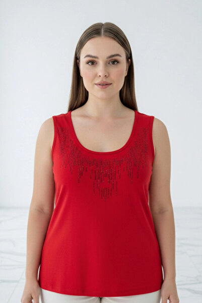 Bİ.GİYSEN Γυναικείο κόκκινο κολάρο U-λαιμόκοψη μεγάλου μεγέθους με πέτρινο κέ...