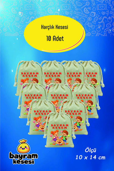 Yaprak Hediyelik Bayram Harçlık Kesesi 10'lu – Baskılı Ham Bez Bayram Kesesi,...