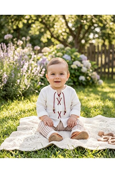 RÜYA KİDS Baby Boy Stripe Detailed Drawstring Muslin Fabric Top and Bottom Set