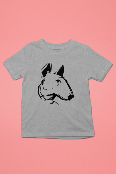 Çizim Bull Teriyer -Baskılı Unisex Gri Melanj Çocuk Tişört - T-Shirt CT006