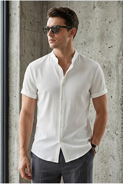 since 1990 man Manlaend Slim Fit Flexible Lycra Short Sleeve Court Collar Men...