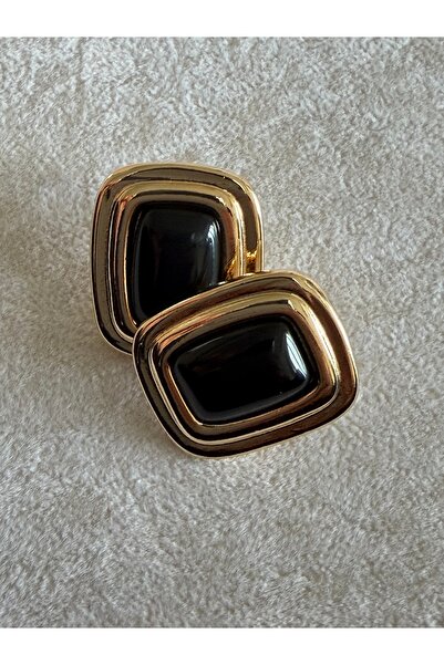 saaden jewelry SAADEN KARE SİYAH TAŞ GOLD KÜPE